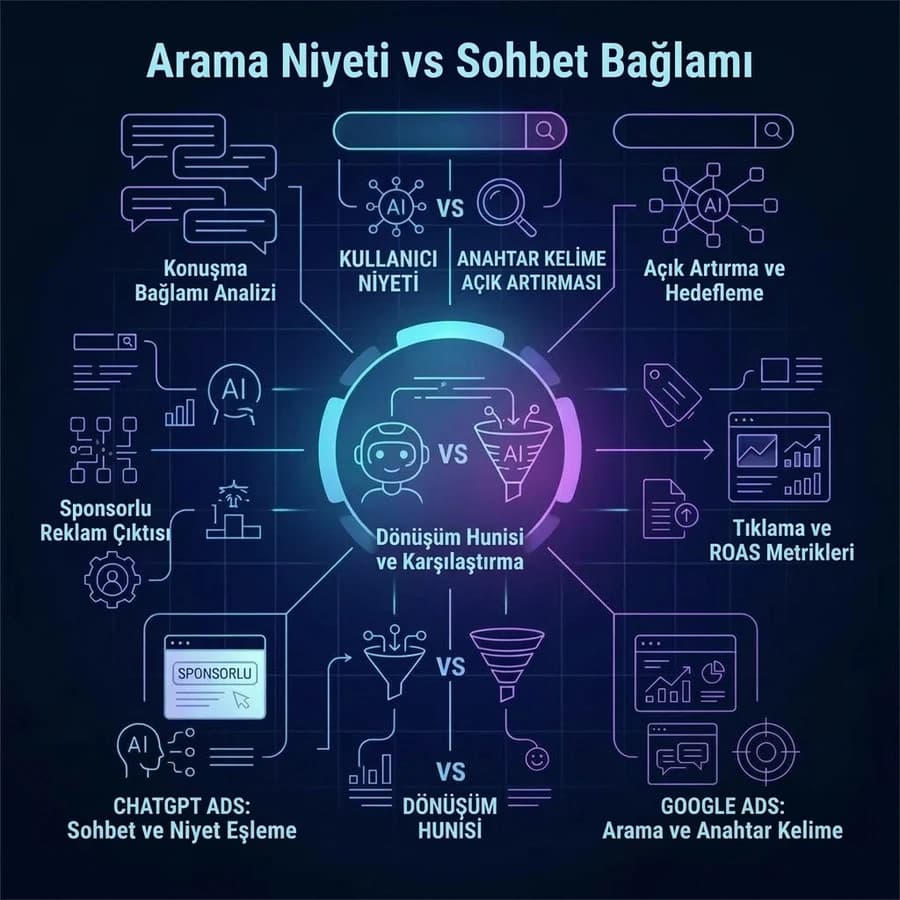 ChatGPT Ads ile Google Ads arasındaki farkları karşılaştıran detay görseli