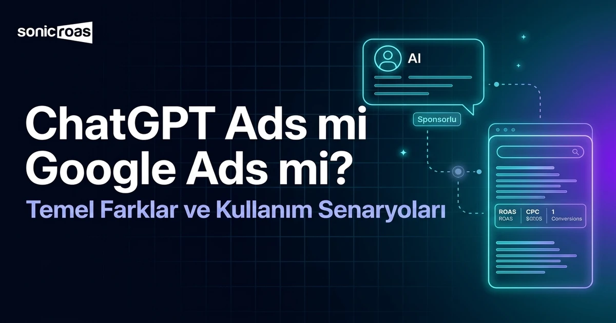ChatGPT Ads ve Google Ads farklarını anlatan SonicRoas blog kapak görseli