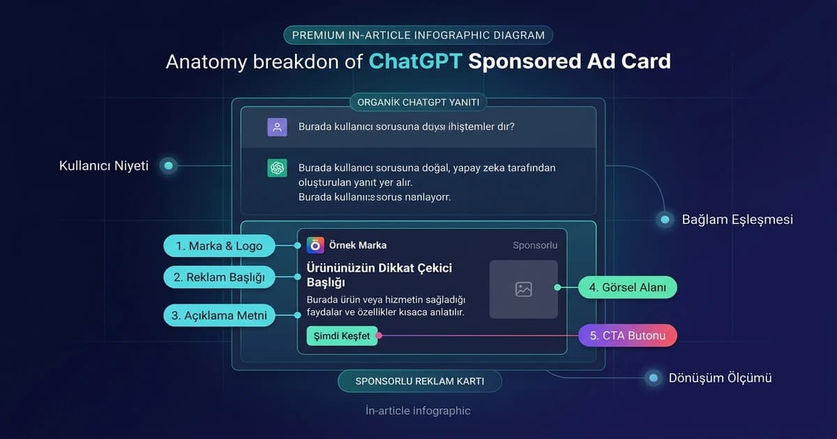 ChatGPT yanıtının altında gösterilen sponsorlu reklam kartının nasıl çalıştığını gösteren detay görseli
