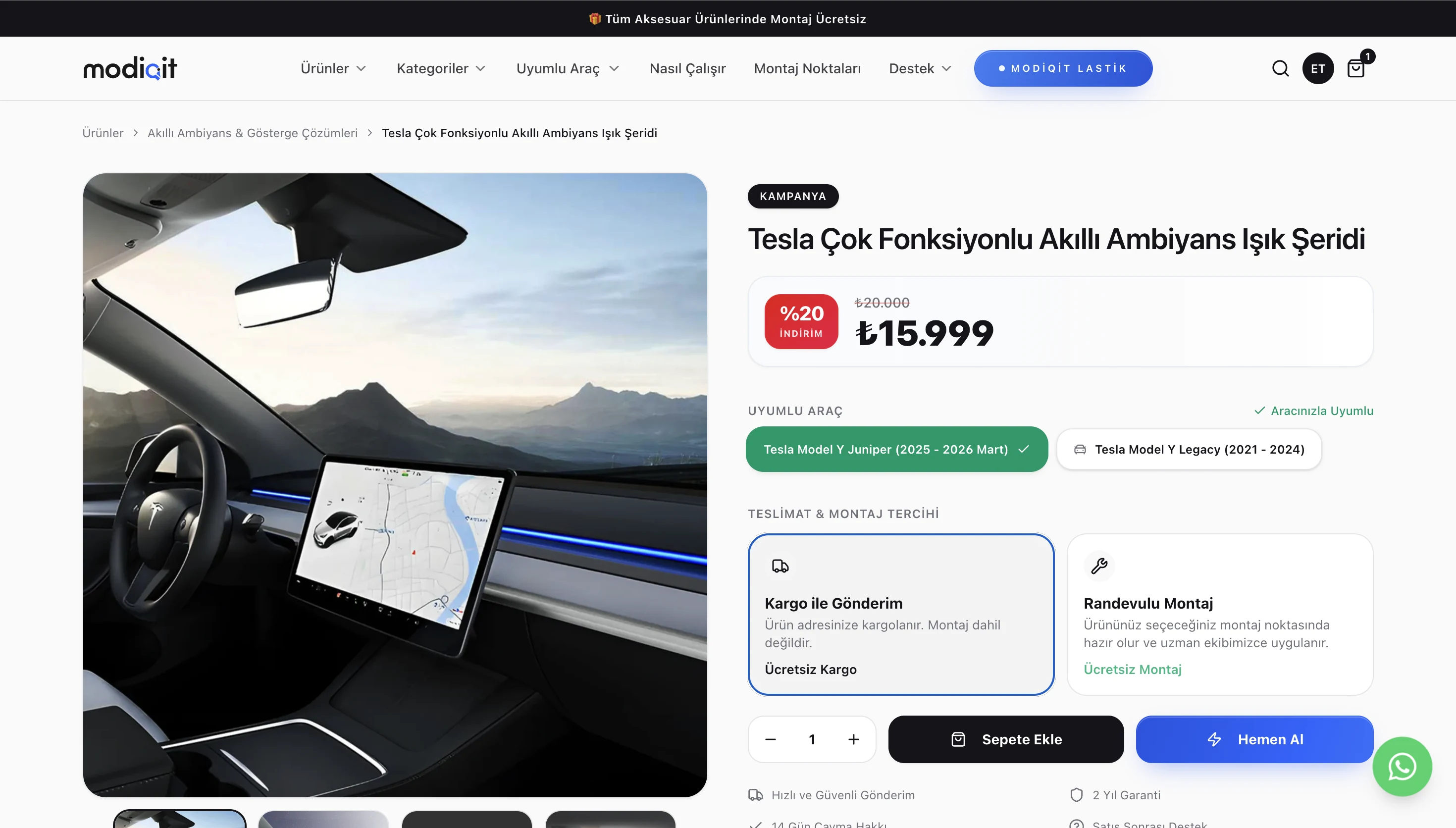 Modiqit ürün detay sayfası, kargo ve montaj seçim ekranı