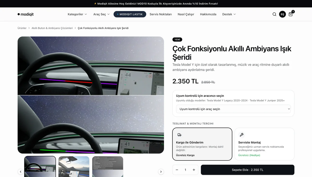 Modiqit ürün detay sayfası, kargo ve montaj seçim ekranı