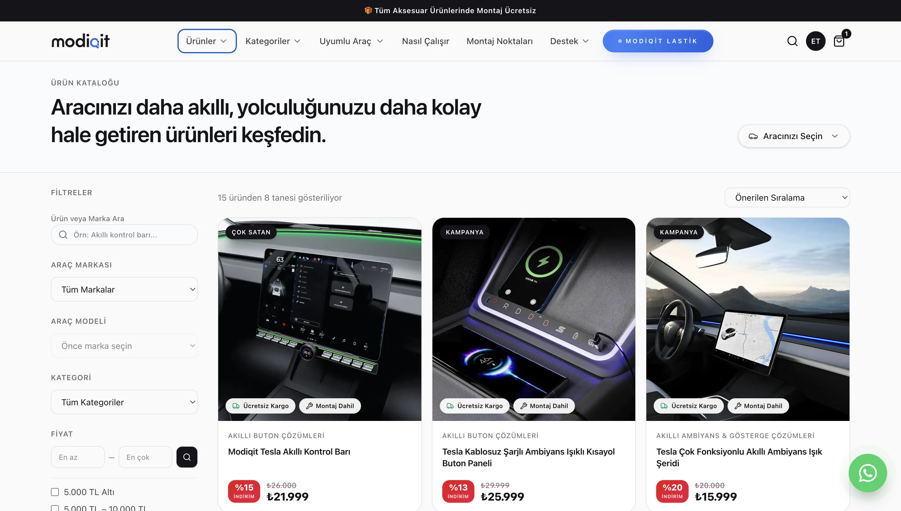 Modiqit ürün listeleme ekranı