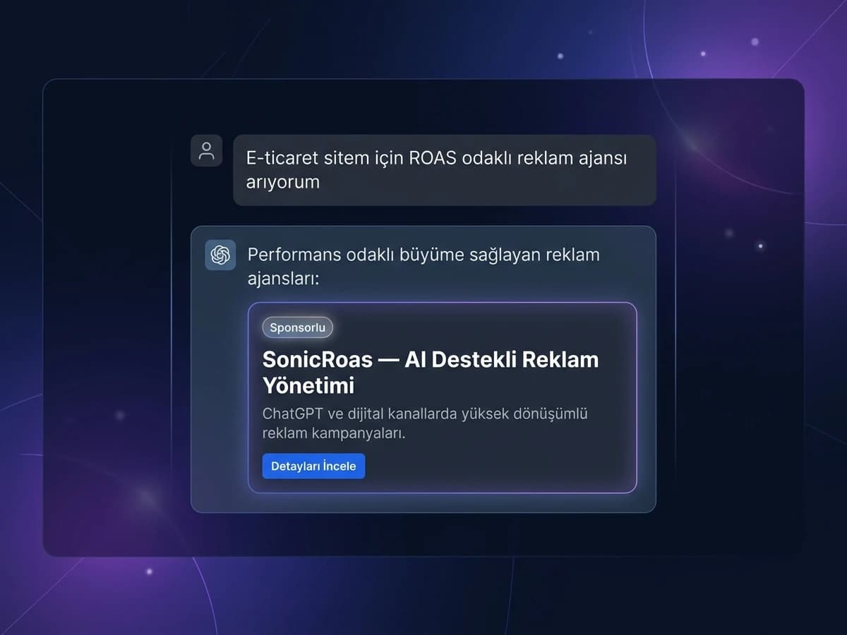ChatGPT reklam yönetimini temsil eden sponsorlu reklam kartı görseli